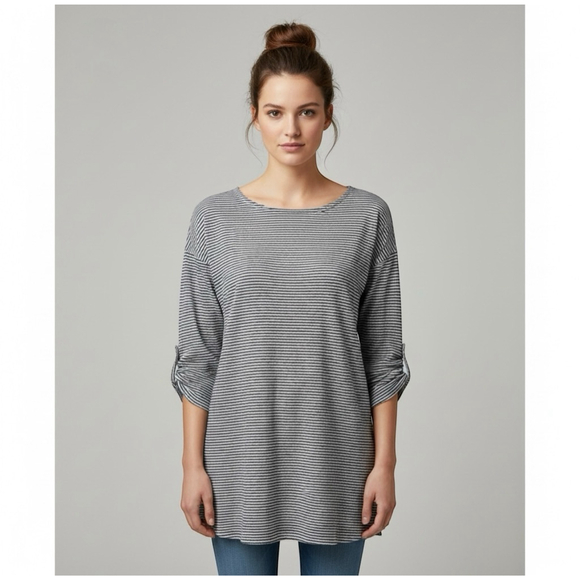 Adrienne Vittadini 100% Linen Striped 3/4 Sleeve Split Hem T-Shirt Top Size 2X - Picture 1 of 10